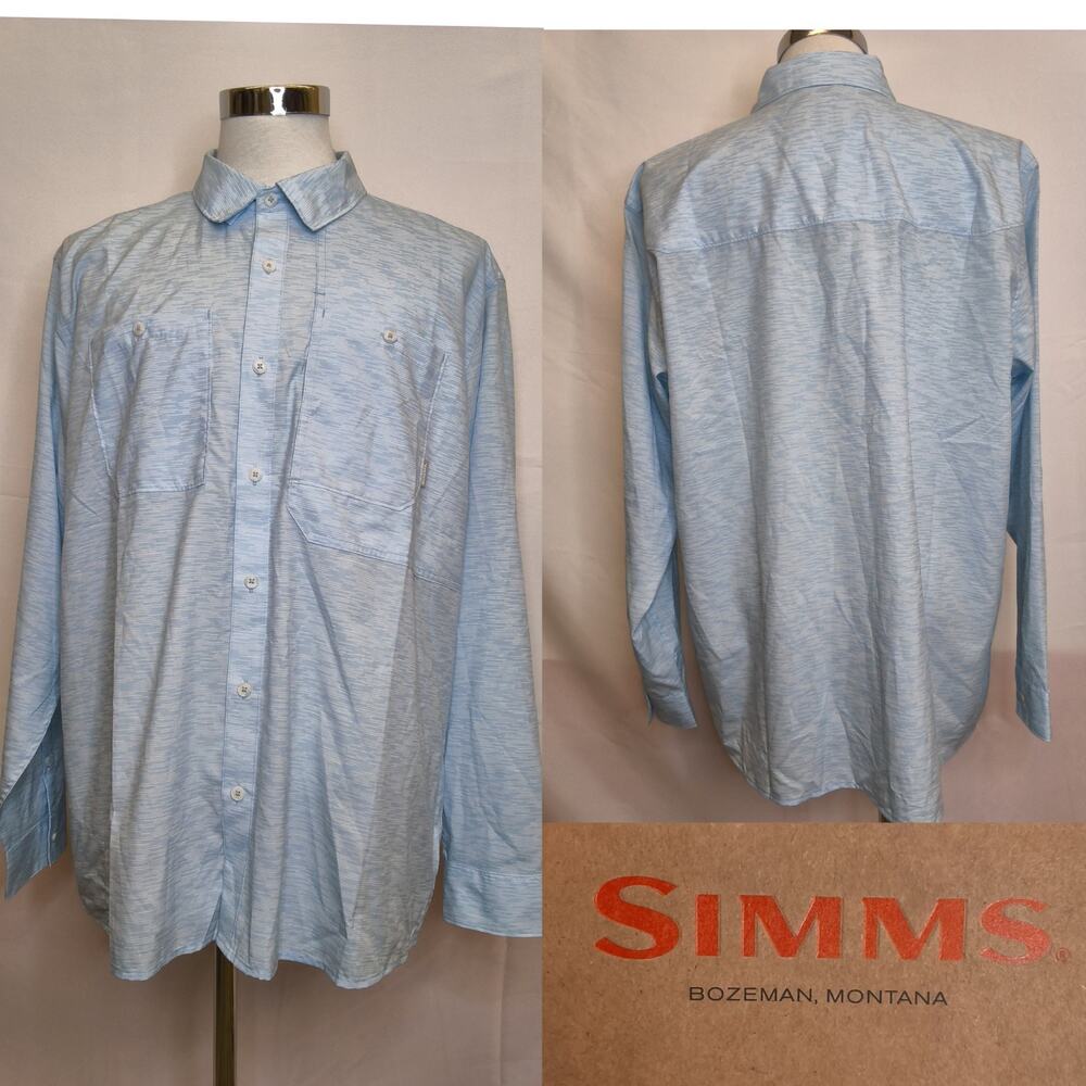 Simms Double Haul Shirt Men's XXL Sky Blue Wave Print Button Up SPF30 NWT #W4840